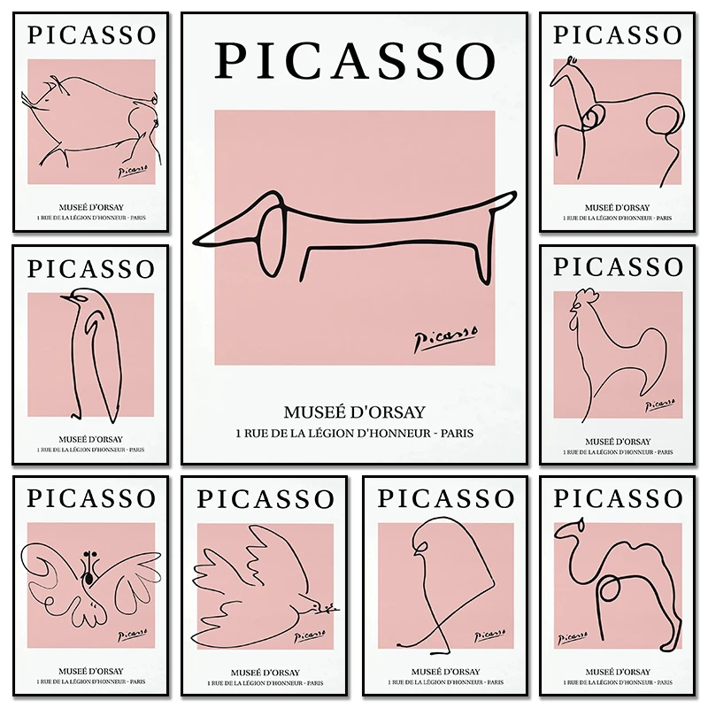 Picasso Exhibition Line Animal Pink Flamingo Pig Posters Canvas Printing and Prints Wall Art Picture for Living Room Home Decor