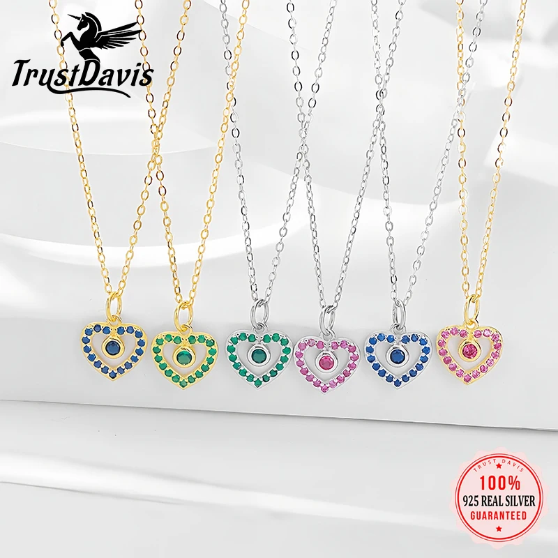 

TrustDavis 925 Sterling Silver Women's Fashion Simple Multicolor Heart Pendant Necklace for Women Girls Jewelry Gift DS4660