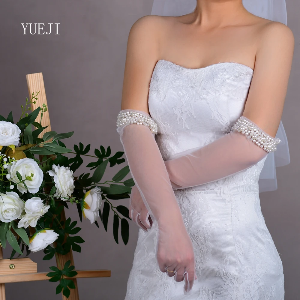 

YUEJI Elbow Long Pearl Bridal Gloves Beige White Wedding Bride Dress Sleeves Detachable Перчатки С Камнями customizable YJM01A