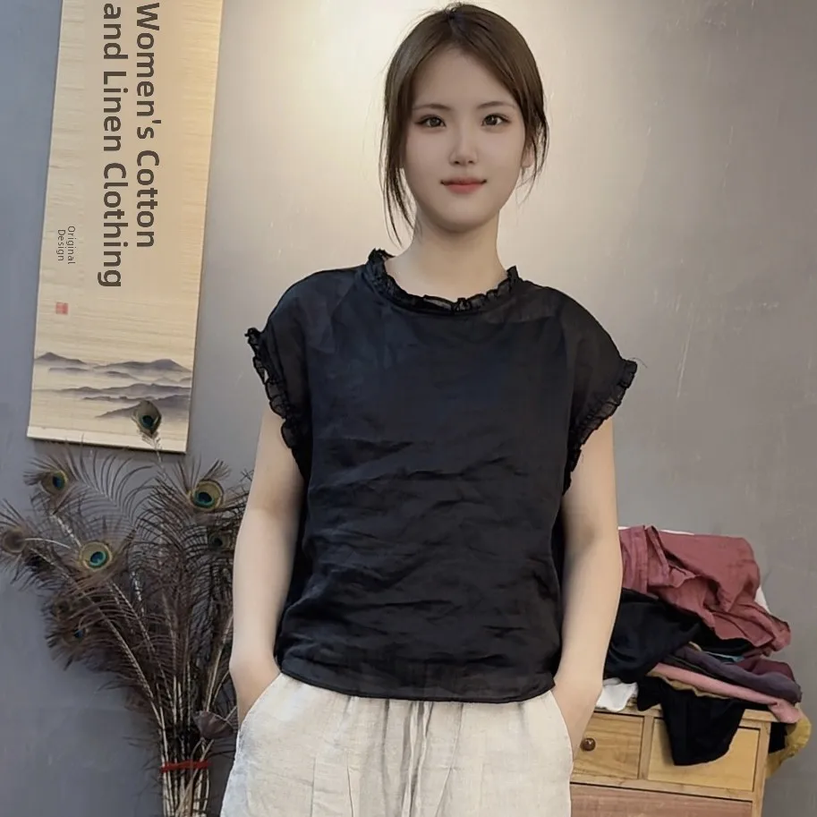 

2025 New Digital Printing ort Top New Season Linen Women's irt round Ne ort Sve Cool Feeling Thin Regular Length