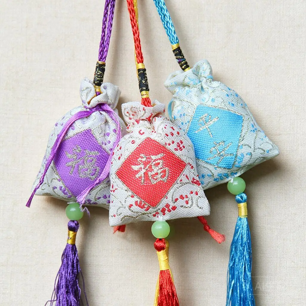 Empty Chinese Fu Character Embroidered Sachet Bags Colorful Drawstring Tassel Lucky Pouch For Car Home Diy Hanging Decor Gifts