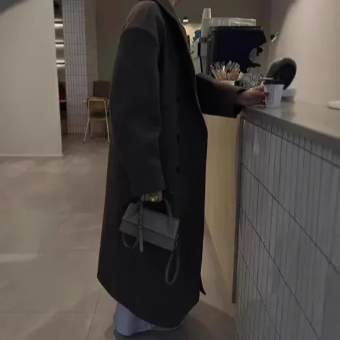 2025 Autumn and Winter Korean Style Suit Collar Long Woolen Coat Double-Breasted Warm Women's Clothing