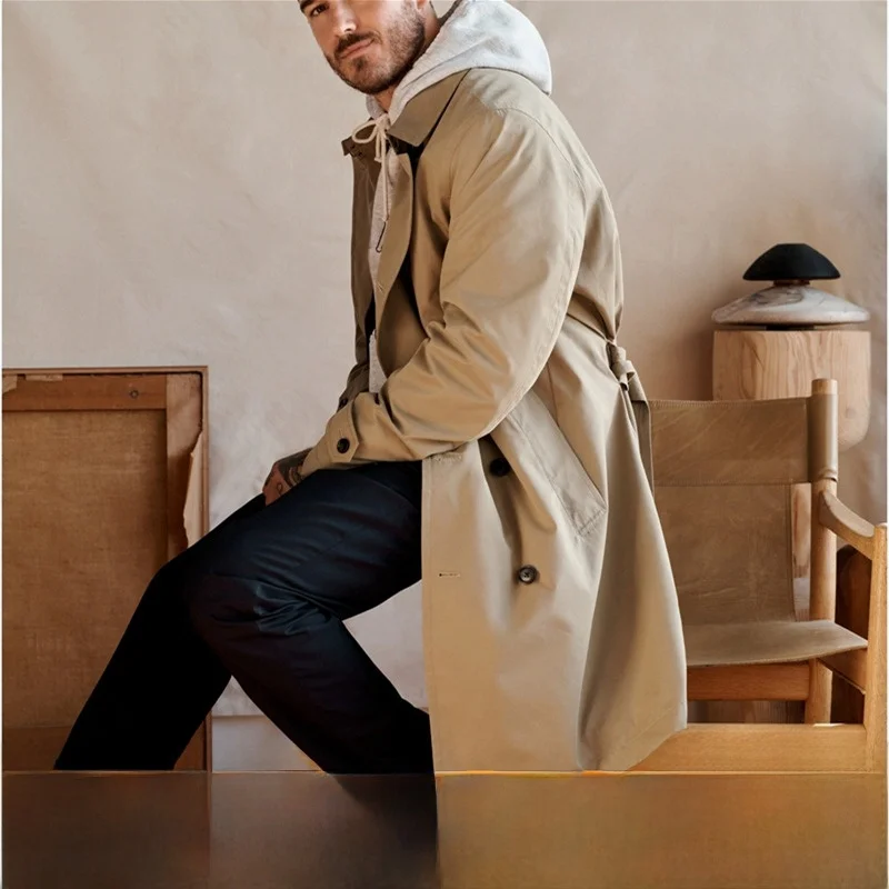 

Мужской плащ, весеннее новое поступление, средней длины, японский Sle Faion Urban Busin, повседневная подставка с двойной пуговицей, Pur...