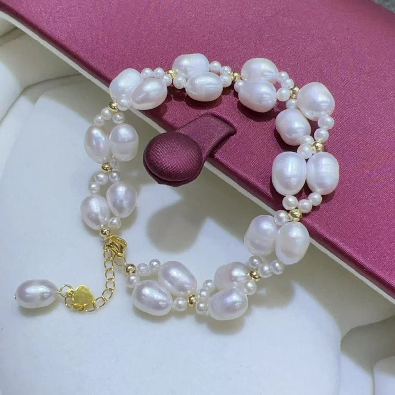 

3-4+7-8MM Nearly Round Lace Woven Bracelet Natural High-Quality Freshwater Pearl