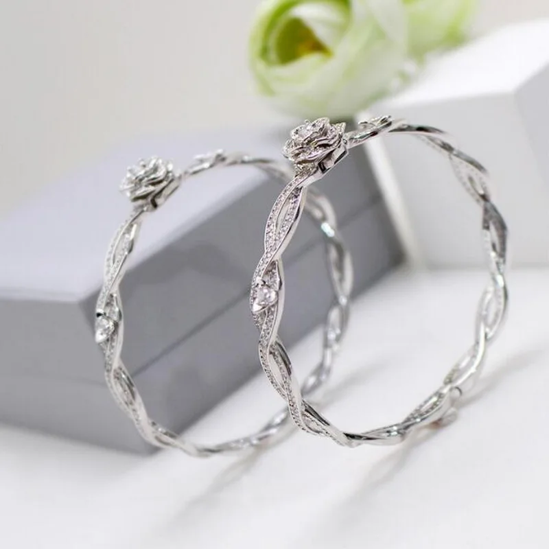 Europe America Designer Collection Style Women Lady Silver Color Settings Full Cubic Zircon Vine Flower Bangle Bracelet