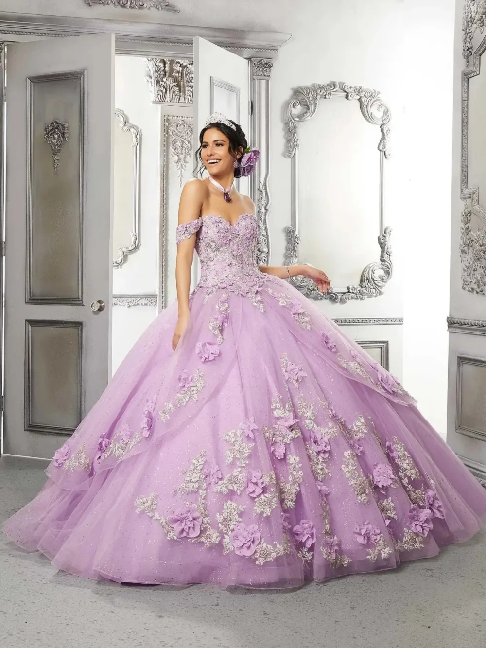 

Elegant Off Shoulder Quinceanera Dress With 3D Floral Appliques Glitter Tulle Ball Gown Embellished Corset Bodice For Sweet 16
