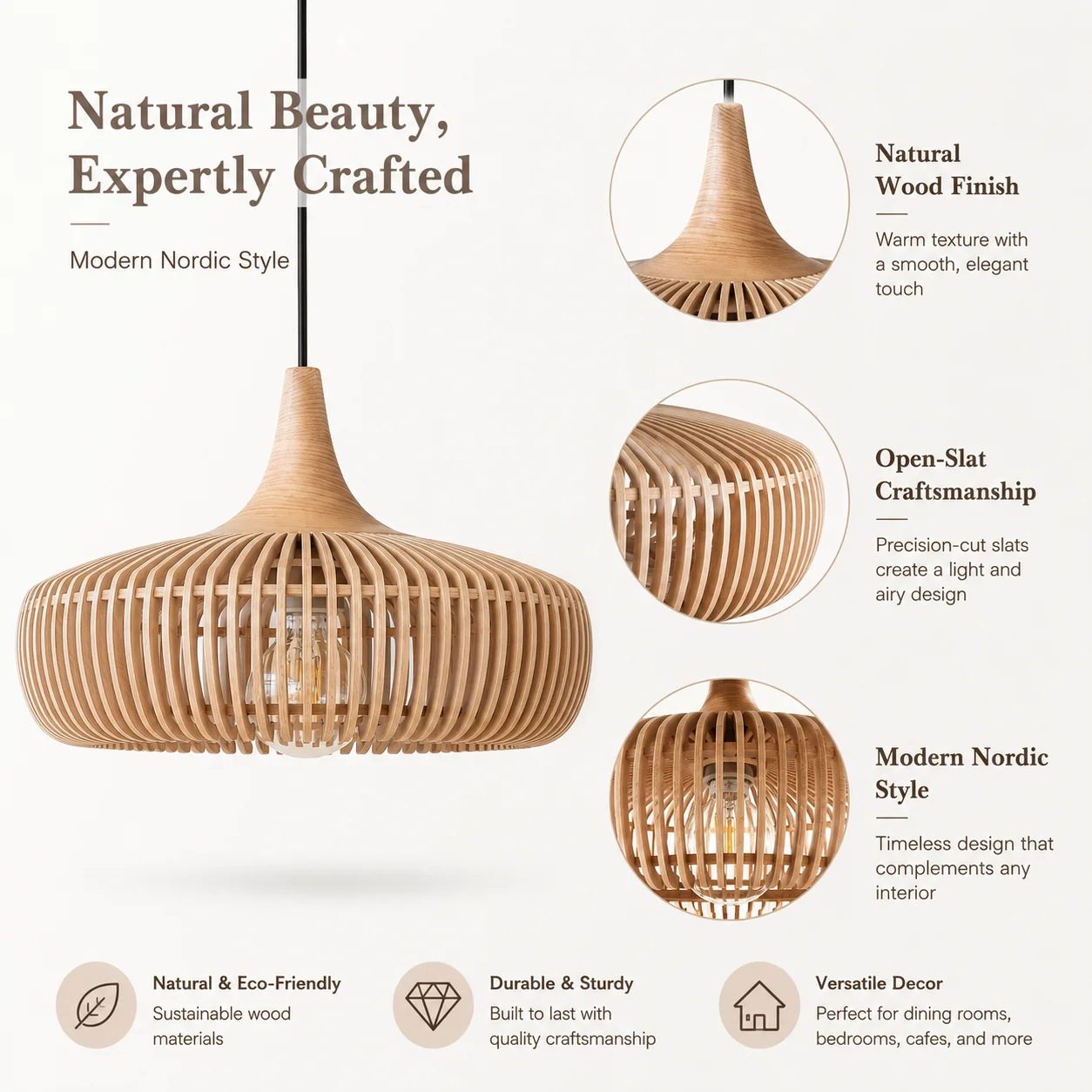 JOYINLED 43cm Wooden Pendant Light, Modern Nordic Slatted Wood Hanging Ceiling Lamp for Dining Room Kitchen Island Bedroom Cafes