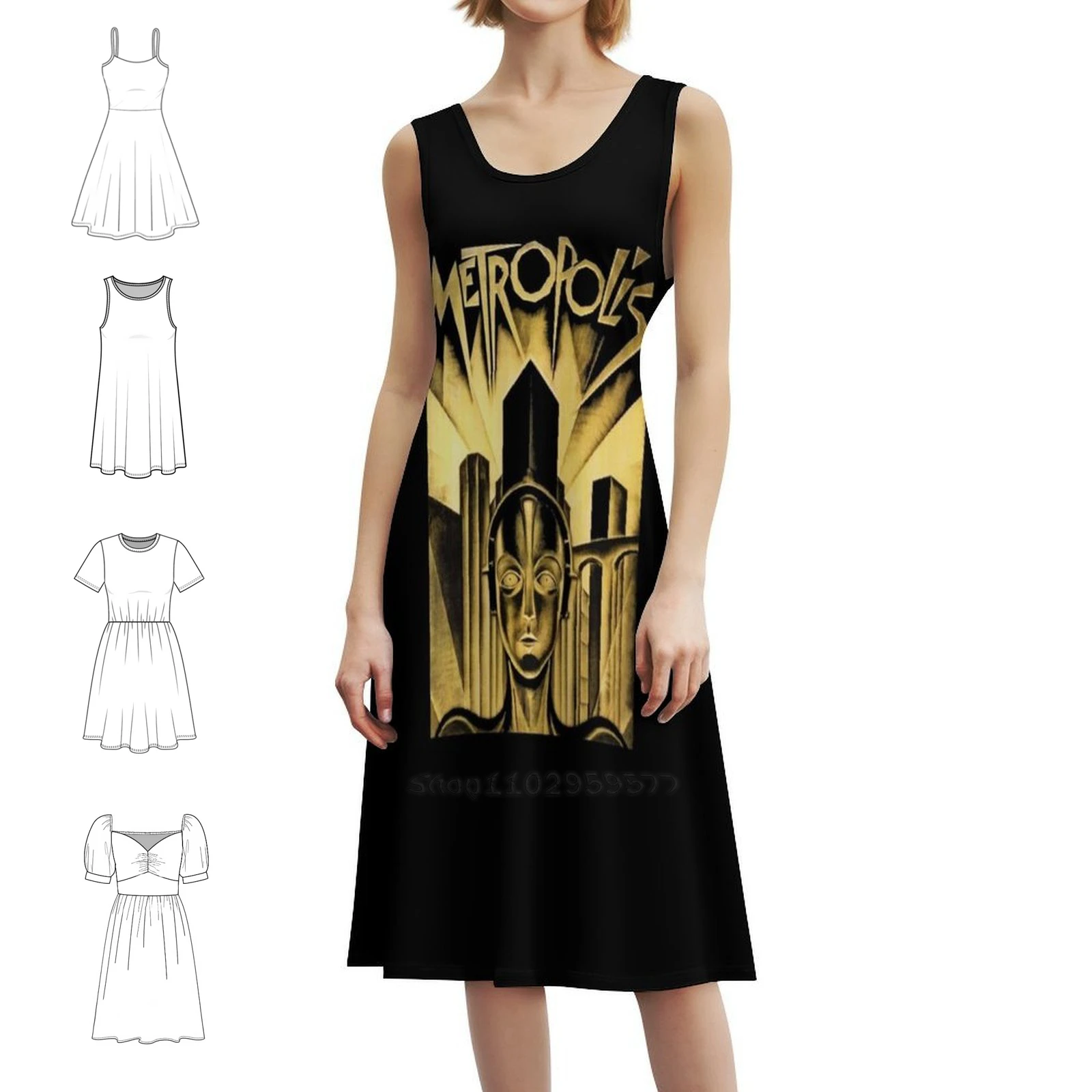 متروبوليس (1927) - فستان قصير على طراز بريبي فني للنساء على شكل حرف a فضفاض مناسب فستان يوم غير رسمي متروبوليس 1927 عمل فني مسائي
