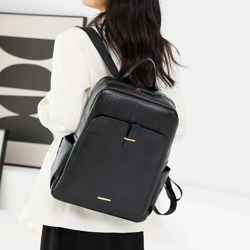 New Multifunctional Women\'s Backpack Simple Neutral Waterproof Laptop Bag Retro European Business Shoulder Bag Solid Color PU Ma