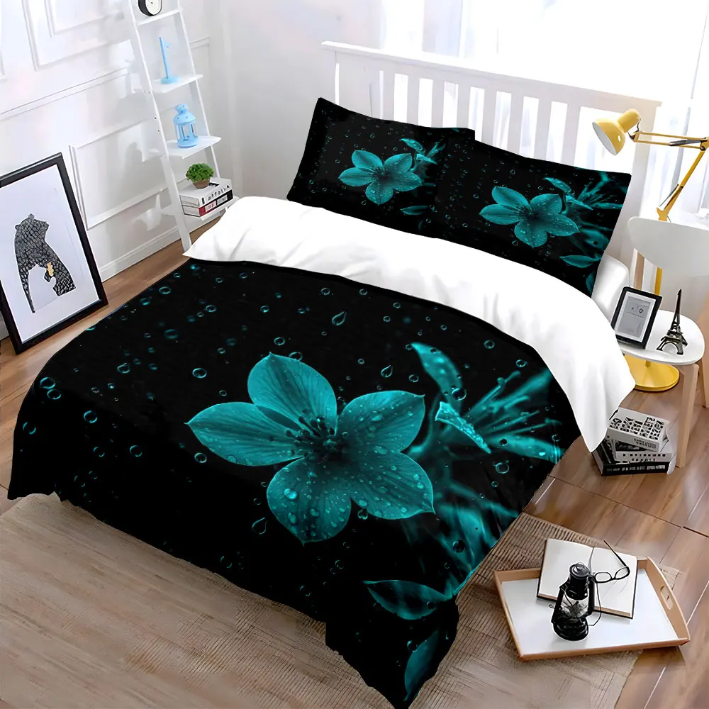 Blue flower with raindrops Print Soft Comfortable Duvet Cover Bedding Set Included 1*Duvet Cover 2*Pillowcases Luxury gifts