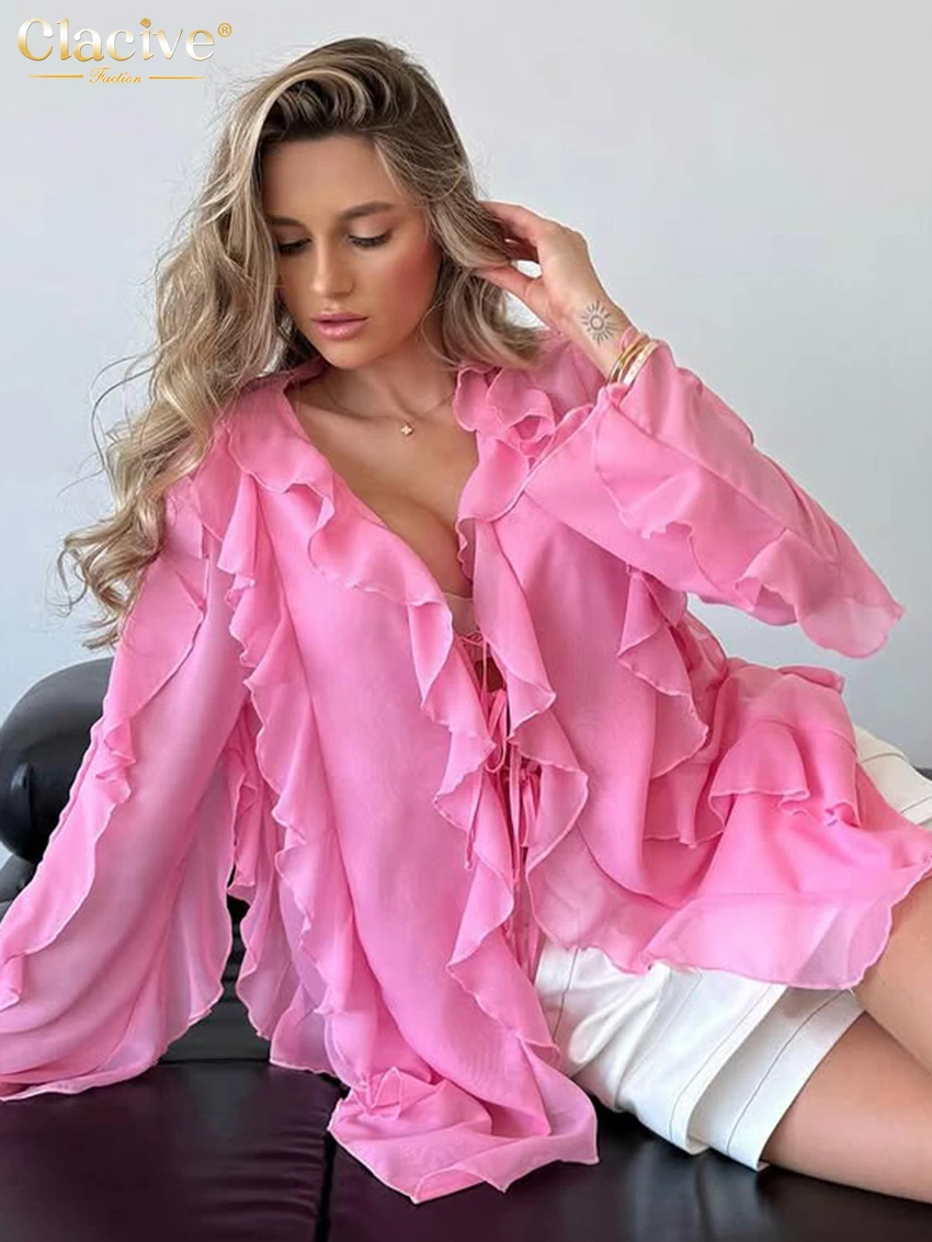Clacive Fashion Loose Pink Women's Shirt 2025 Sexy V-Neck Long Sleeve Shirts Elegant Classic Ruffles Solid Tops Female Clothing