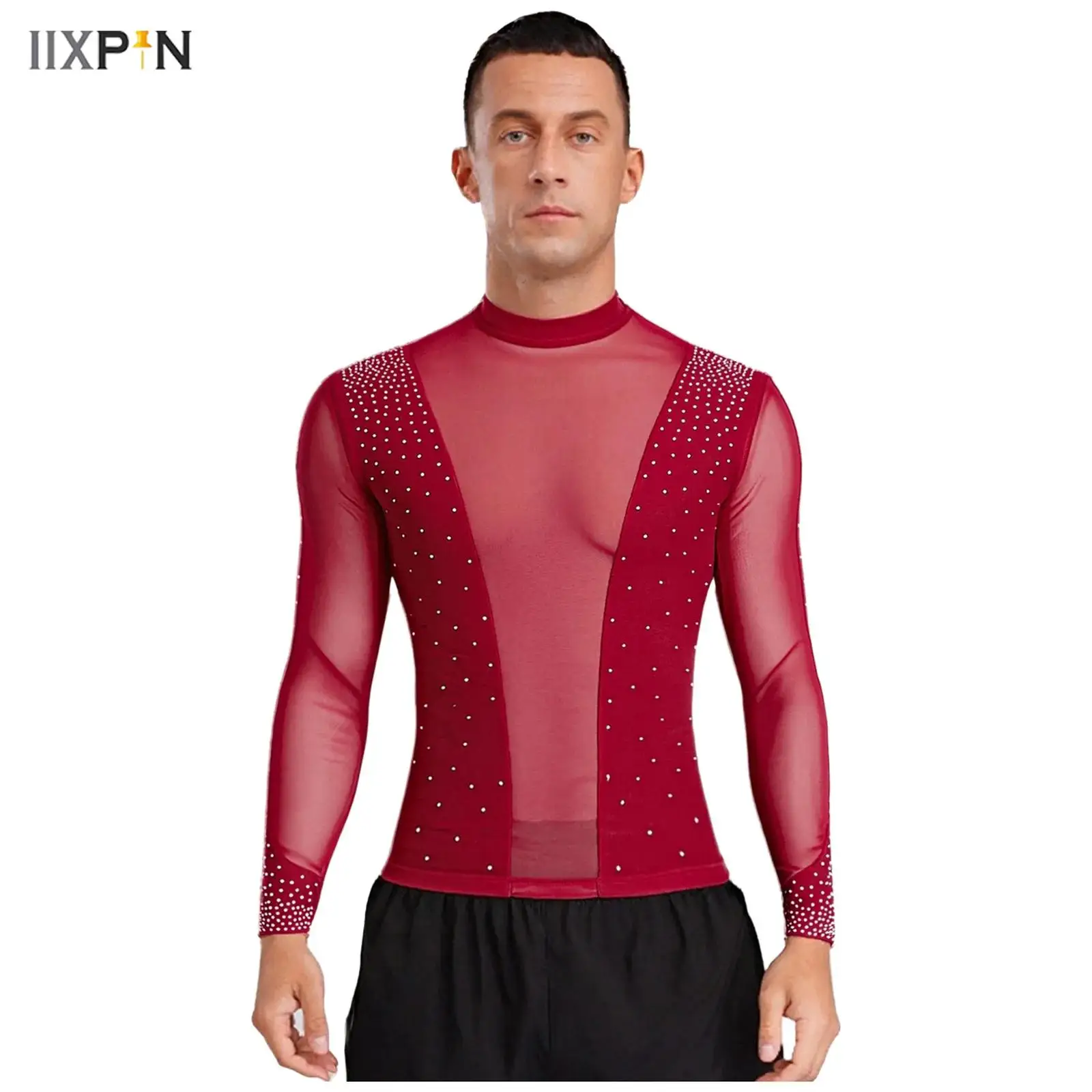 Top de baile latino para hombre, camiseta de manga larga con cuello simulado y diamantes de imitación brillantes de malla transparente, blusa para escenario de Ballet Chacha Tango