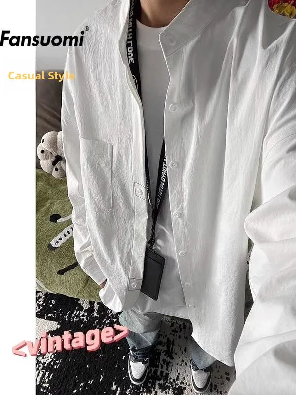 

New Chinese Sle Men's Long Sve White irt Cotton Linen Spring Autumn Trendy High End Feel Stand Collar irt Jaet