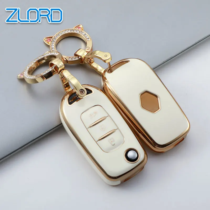 TPU Flip Car Key Case Capa, Chaveiro Borda Dourada, Renault Kadjar, Captur, Megane, Sandero, Stepway, Logan, Clio 5, Arkana, 2020, 2021