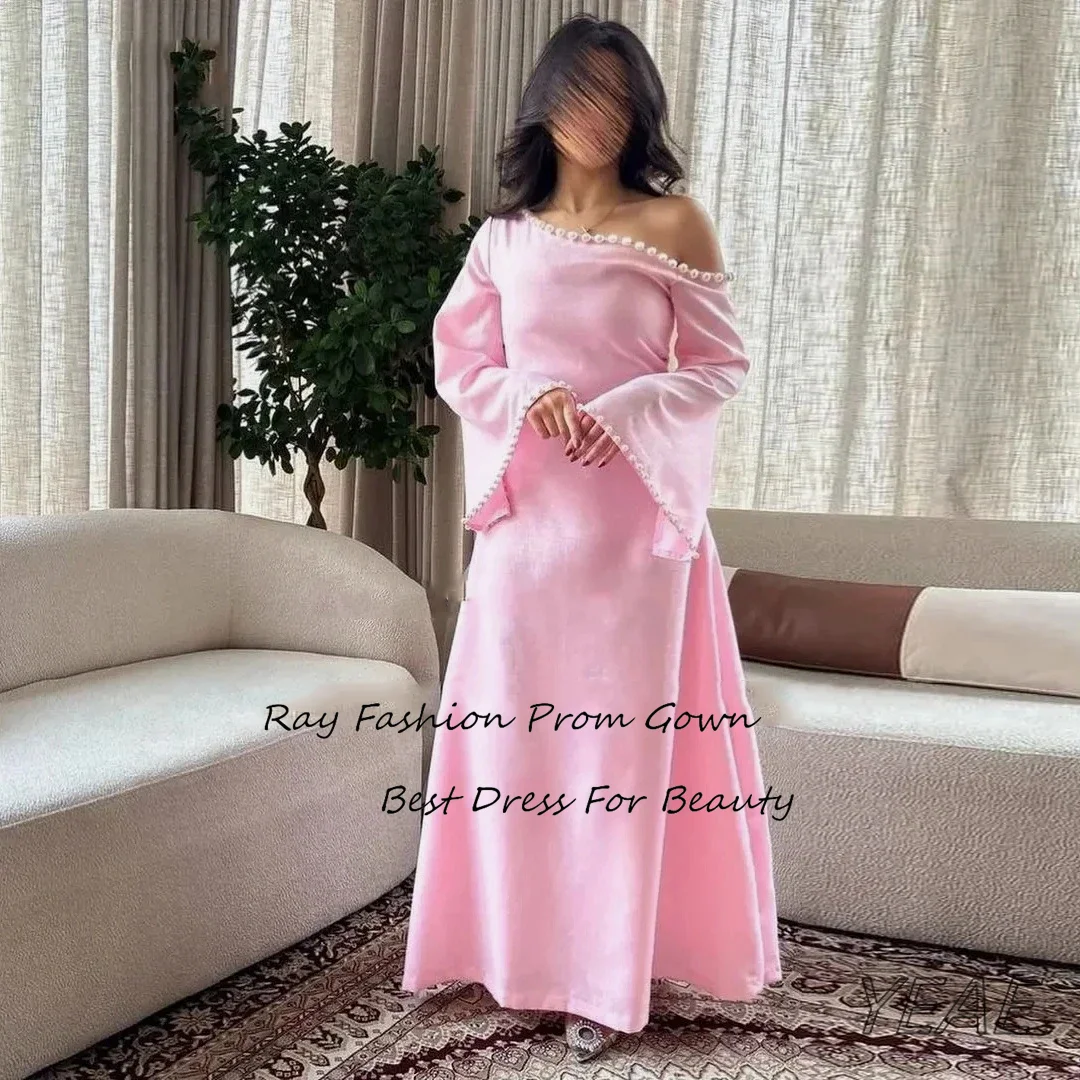 Ray Fashion A line Evening Dress Satin One Shoulder Full Sleeves With Pearls For Women Formal Occasion Party Gown فساتين سهرة