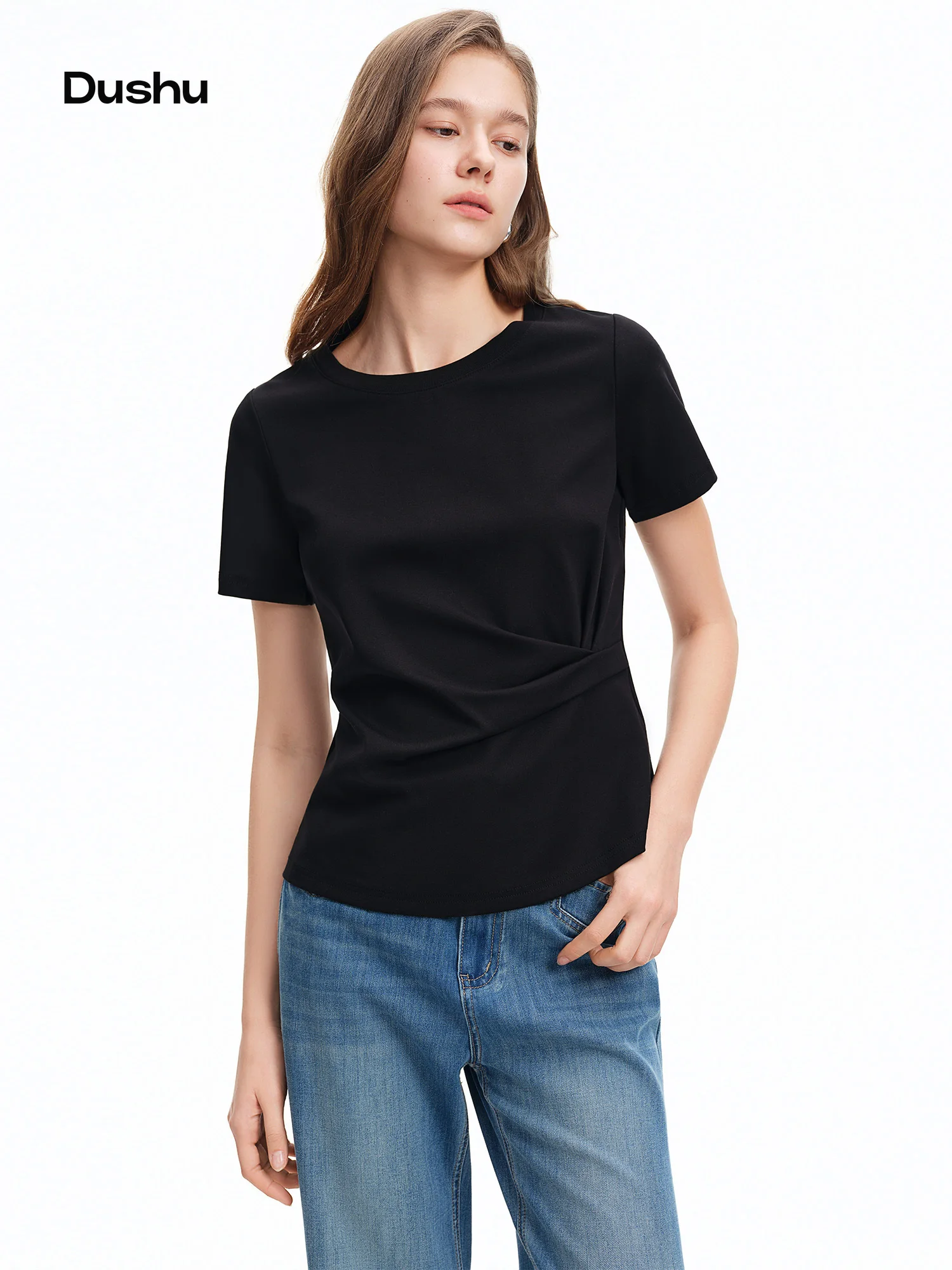 

DUSHU 2026 Summer Women Asymmetrical Cut-out T-shirt Structured Shoulder Waist-Cinching Round Neck Top Side Slit Daily Essential