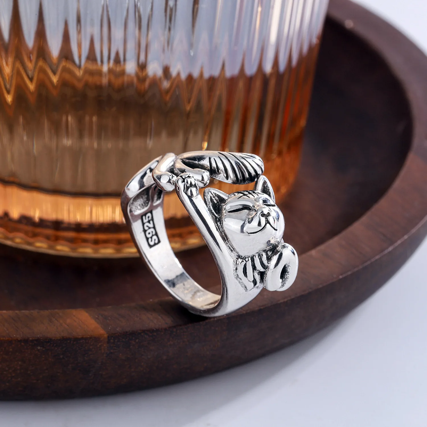 Best Sell Vintage Little Cat Animal Design Thai Silver Female Party Ring Original Jewelry For Women Christmas Gifts No Fade
