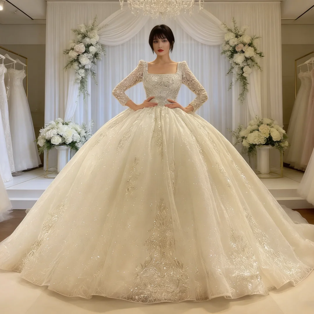 

Customized 2026 New Ivory Large Skirt Wedding Dress Long Sleeve Square Collar Lace sequins Pearl backless Strap Vestido De Novia