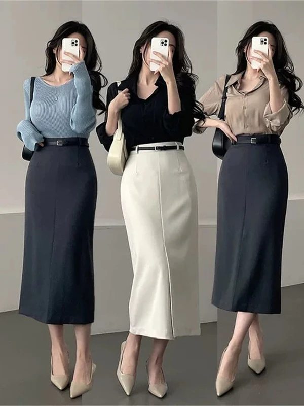 Korean Style High Waist Straight Cut Slit Suit Skirt Women's Commute Slimming Wrap Skirt with Belt Elegant Breathable Inner L...