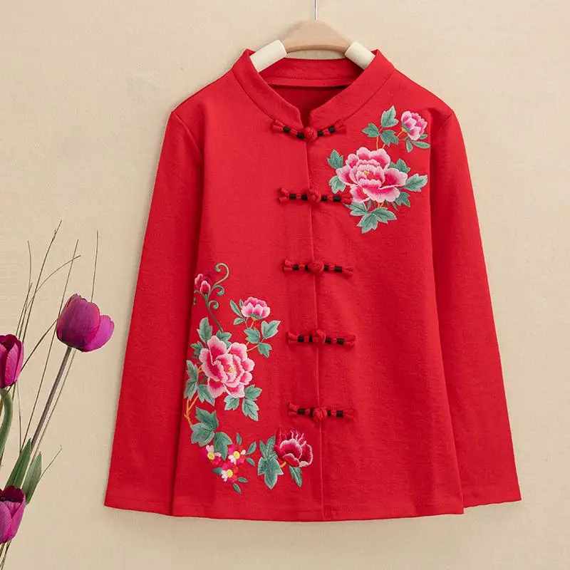 

New 2025 Embroidered Chinese Sle Long Sve ort Jaet Women's Spring Autumn Large Size Mommy's Top Button up Traditiona...