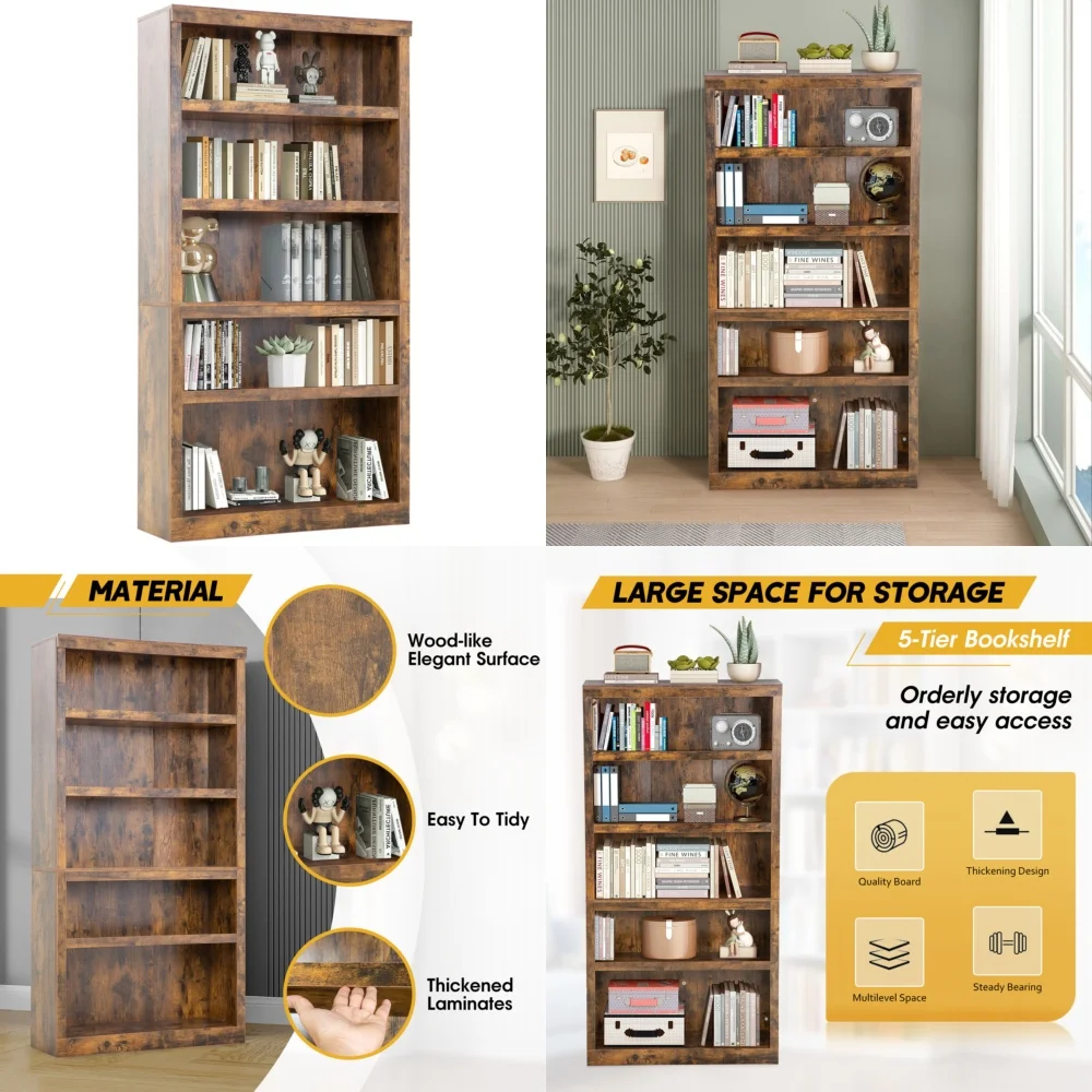 رف كتب خشبي من 5 طبقات للأثاث والخدش لغرفة الدراسة، تصميم موفر للمساحة للتخزين، سهل التجميع #1