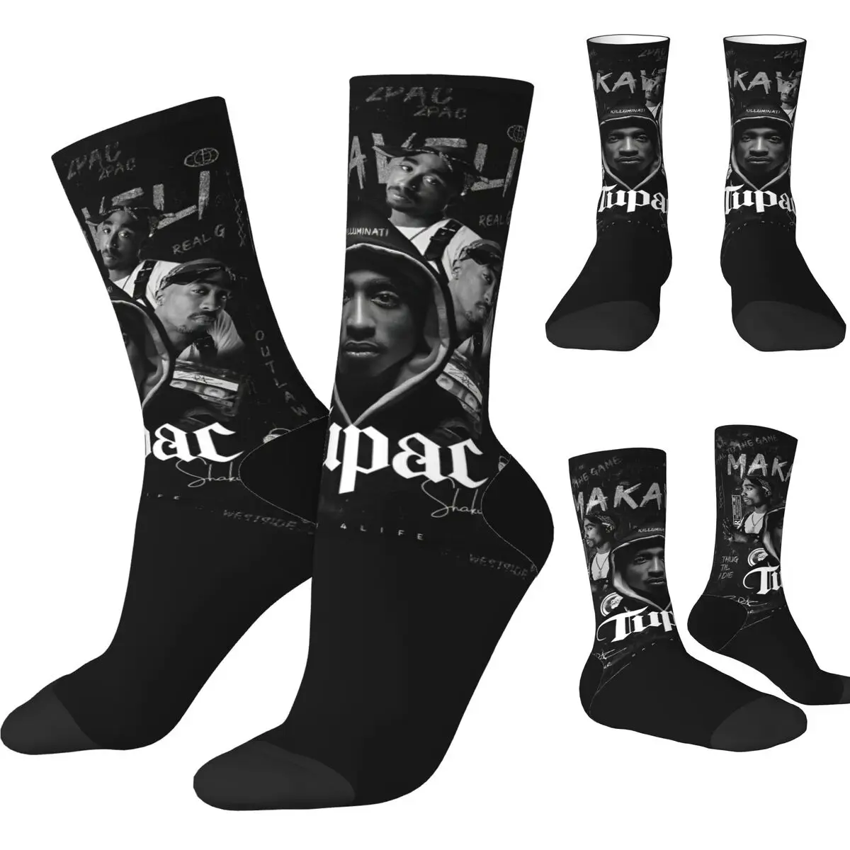 Hip-hop Retro Rapper Tupacs Basketball Socks Polyester Long Socks for Unisex Non-slip
