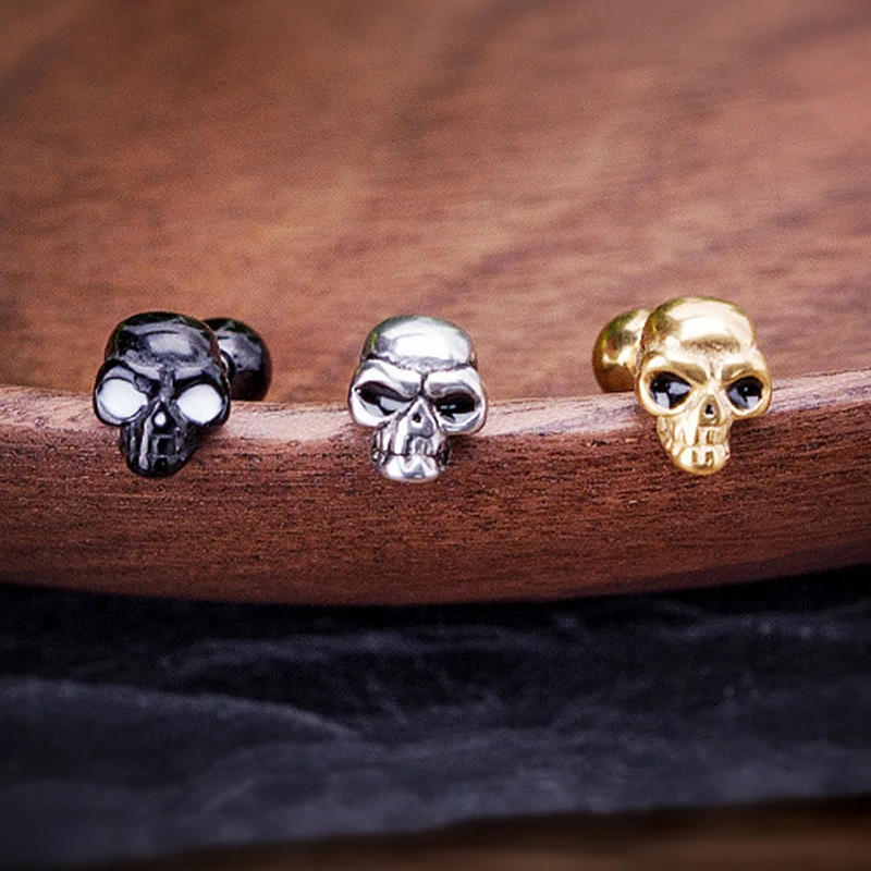 1PC Small Skull Earring for Men Hip Hop Punk Stainless Steel Gold Color Lobe Piercing Stud Ear Accessories Women Jewelry CC204