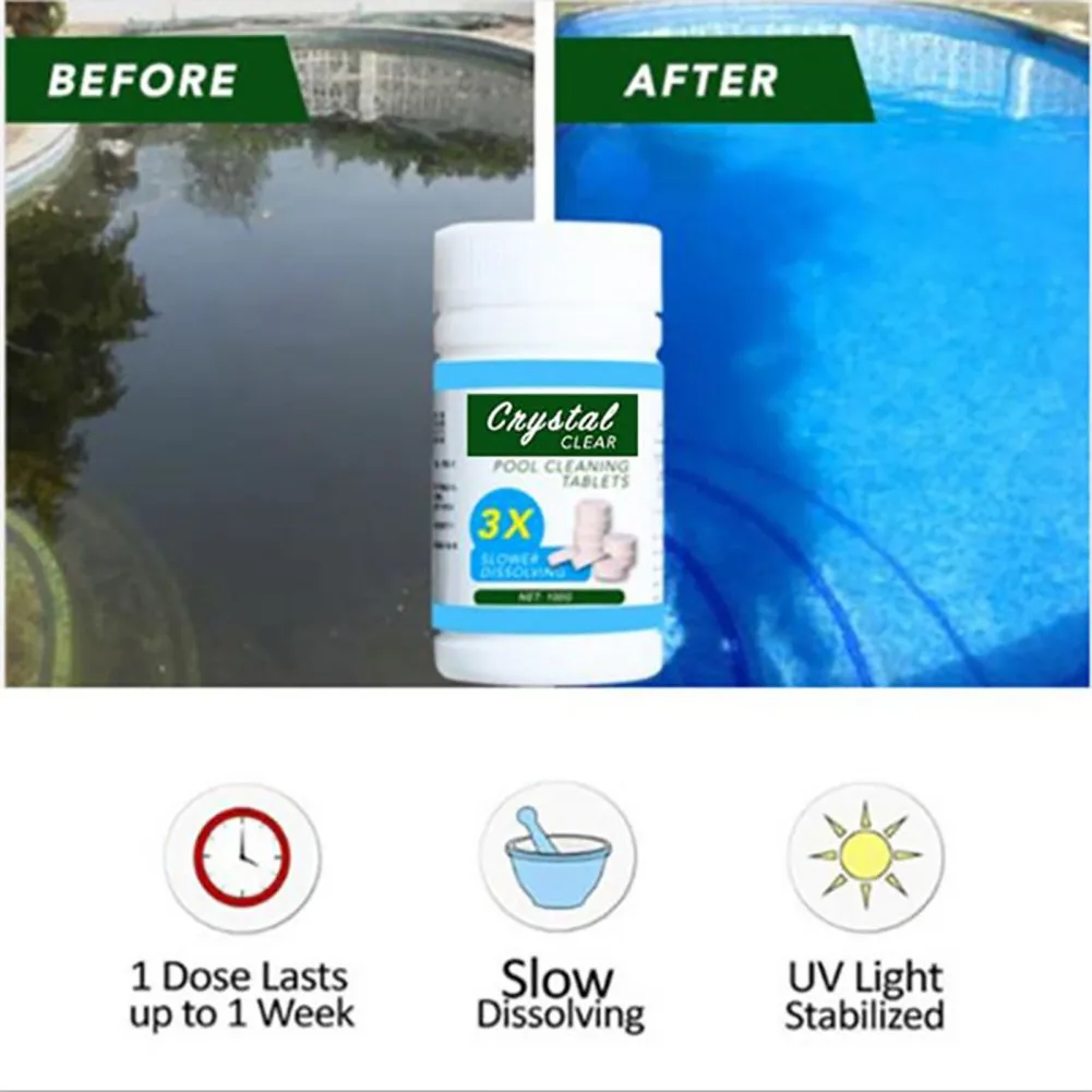 Chlorine Tablets For Pool Quick Dissolving Pool Tablets Above Ground Pool Effective Water Care Pool Tablets 100 Tablets/Bottle