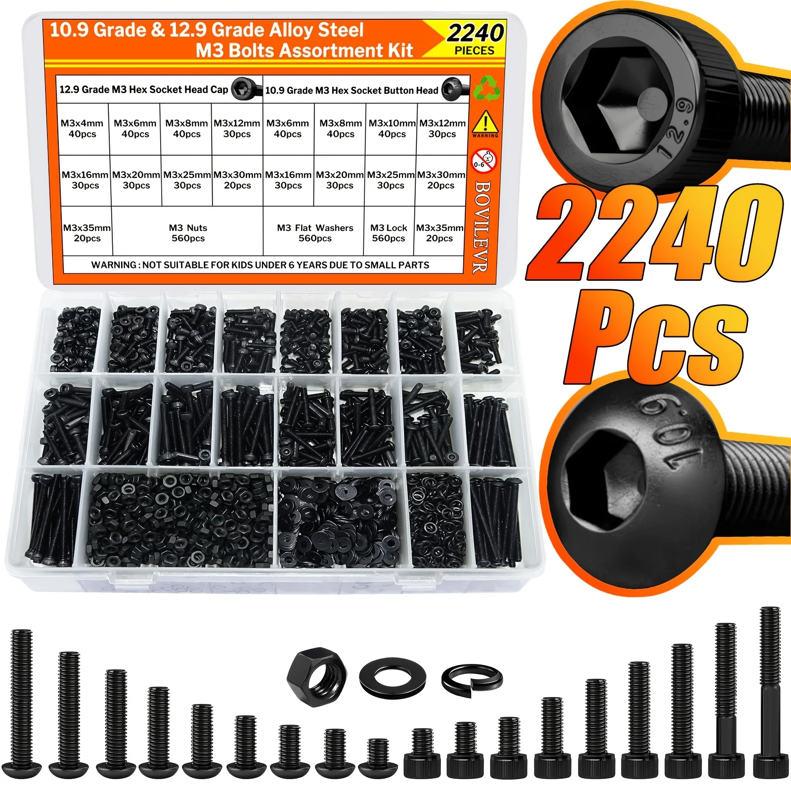 2240PCS M3 Screws Nuts Washers Kit, M3x4‑35mm Hex Socket Button & Cap Head Bolts, 12.9/10.9 Alloy Steel for 3D Printing