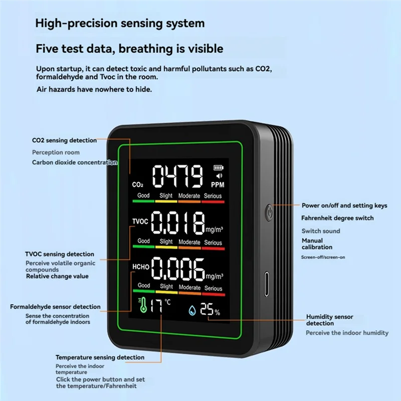 AB15-Air Quality Monitor CO2 Monitor CO2 Monitor/Temperature/Formaldehyde Detector/Humidity TVOC For Rooms,Grow Tents Black