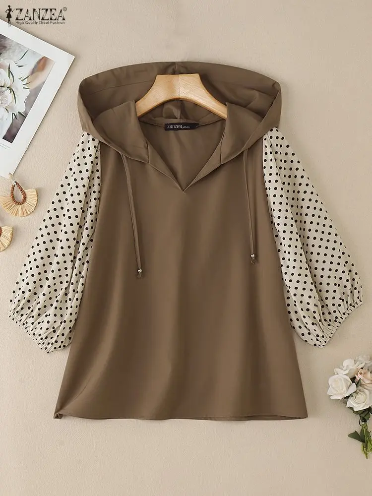 女性ファッションフード付きブラウス秋水玉プリントパッチワーク 3/4 ランタンスリーブカジュアルルーズトップス ZANZEA 女性服 S-3XL