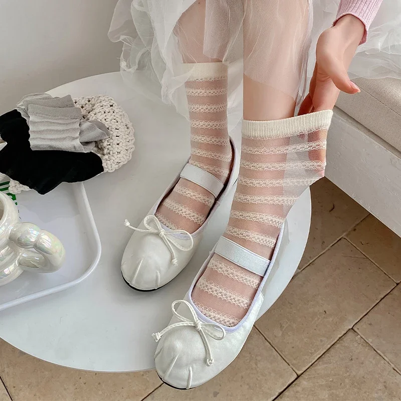 

Striped Crystal Silk Socks Ultra-thin Transparent for Women Sock Korean Fashion Casual Breathable Black White Gray Socks Summer