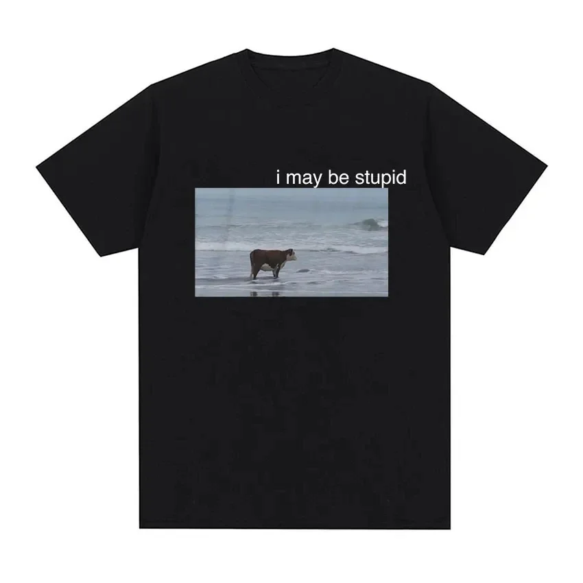 I May Be Stupid Cow on Beach Funny Meme T Shirt women's Fashion O-Neck Short Sleeve T-shirt Casual Unisex Funny Retro T-Shirt