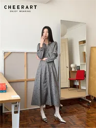 CHEERART Flocking Puff Sleeve Grey Long Dress Women Long Sleeve A Line Fall Winter Ladies Midi Dress Korean Fashion Clothes