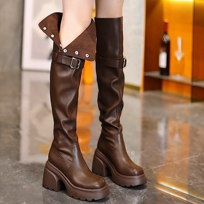 

Platform Women Over the Knee High Boots Fashion Slip On Belt Buckle Shoes Autumn Winter Women's Thick Heel Long Booties