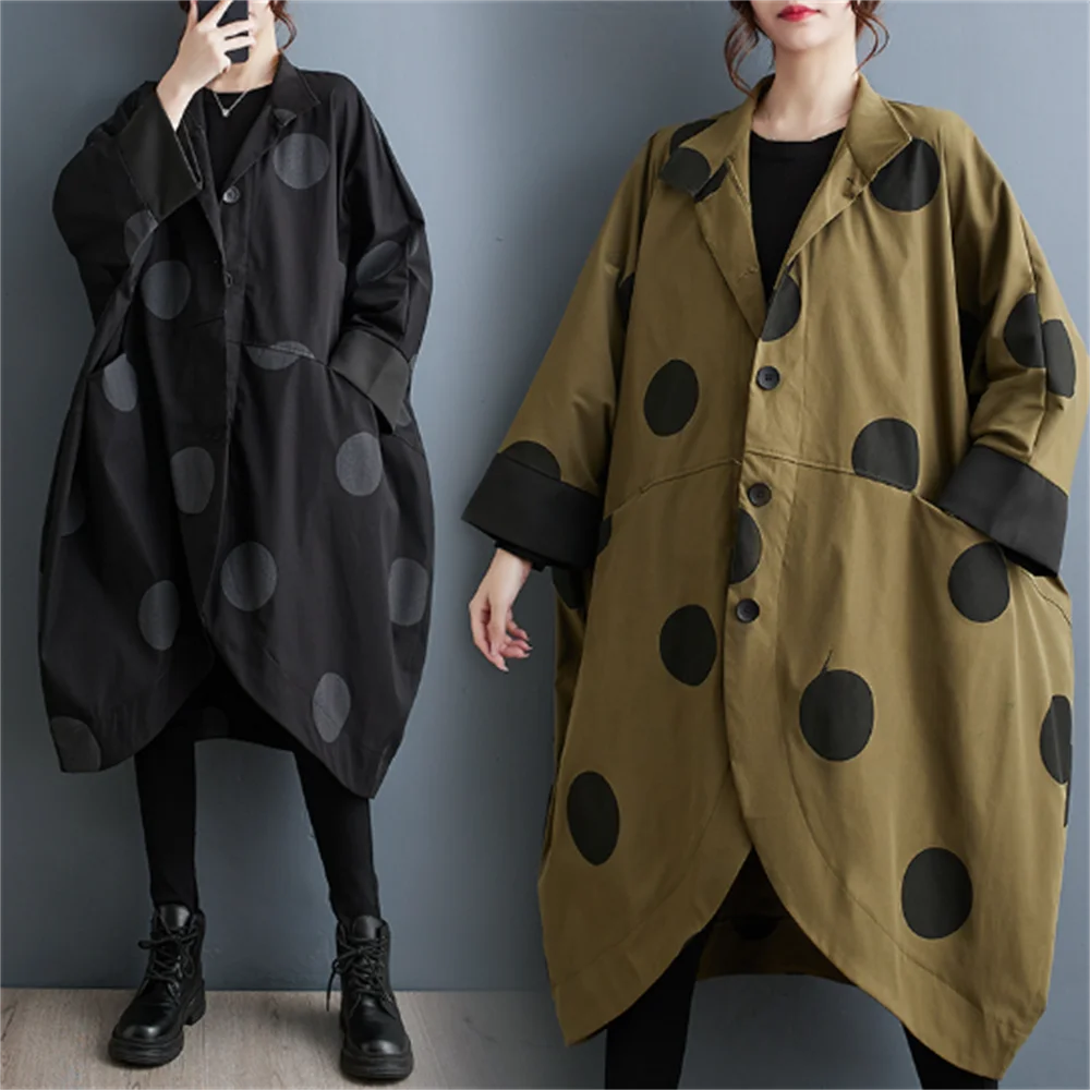 new loose vertical collar bat-shaped wave point printed coat