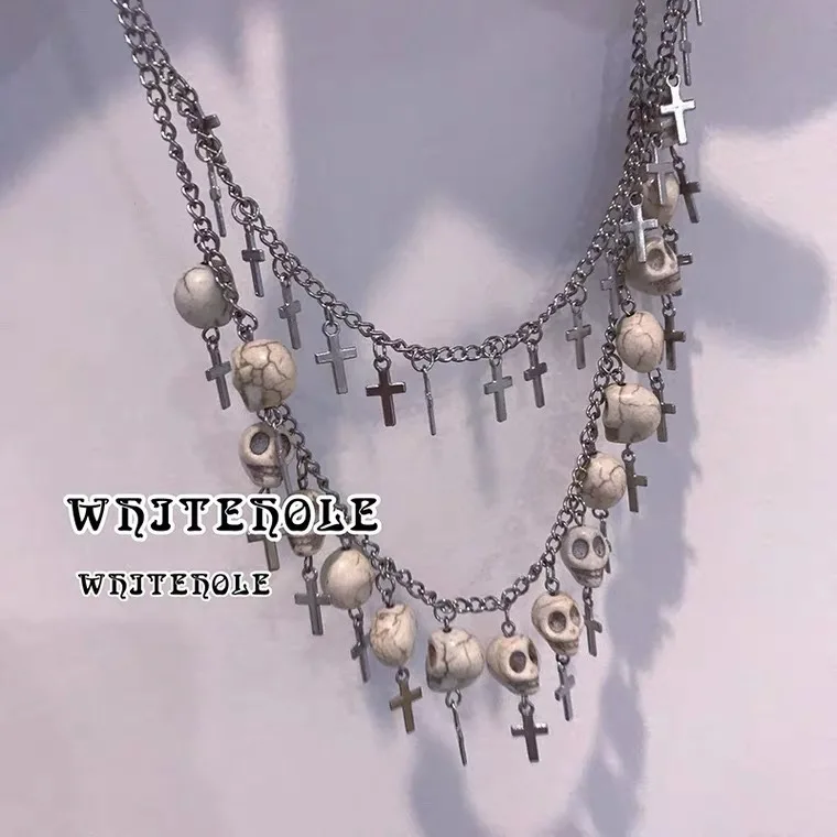 Punk Gothic Style Cross White Skull Chain Silver Double Layer Necklace