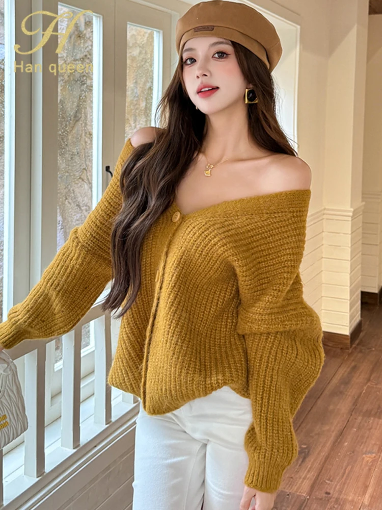

H Han Queen Autumn V-Neck Lazy Style Loose Cardigans Sweaters Women Simple Basic Vintage Casual Long Sleeve Tops Woman Clothing