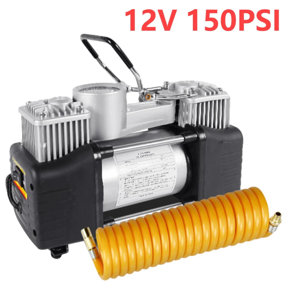 12V 150PSI Car Tire Pump Dual Cylinder Car Electric Air Pump Heavy Duty Electric Car Tyre Inflator Portable Metal Air Compressor