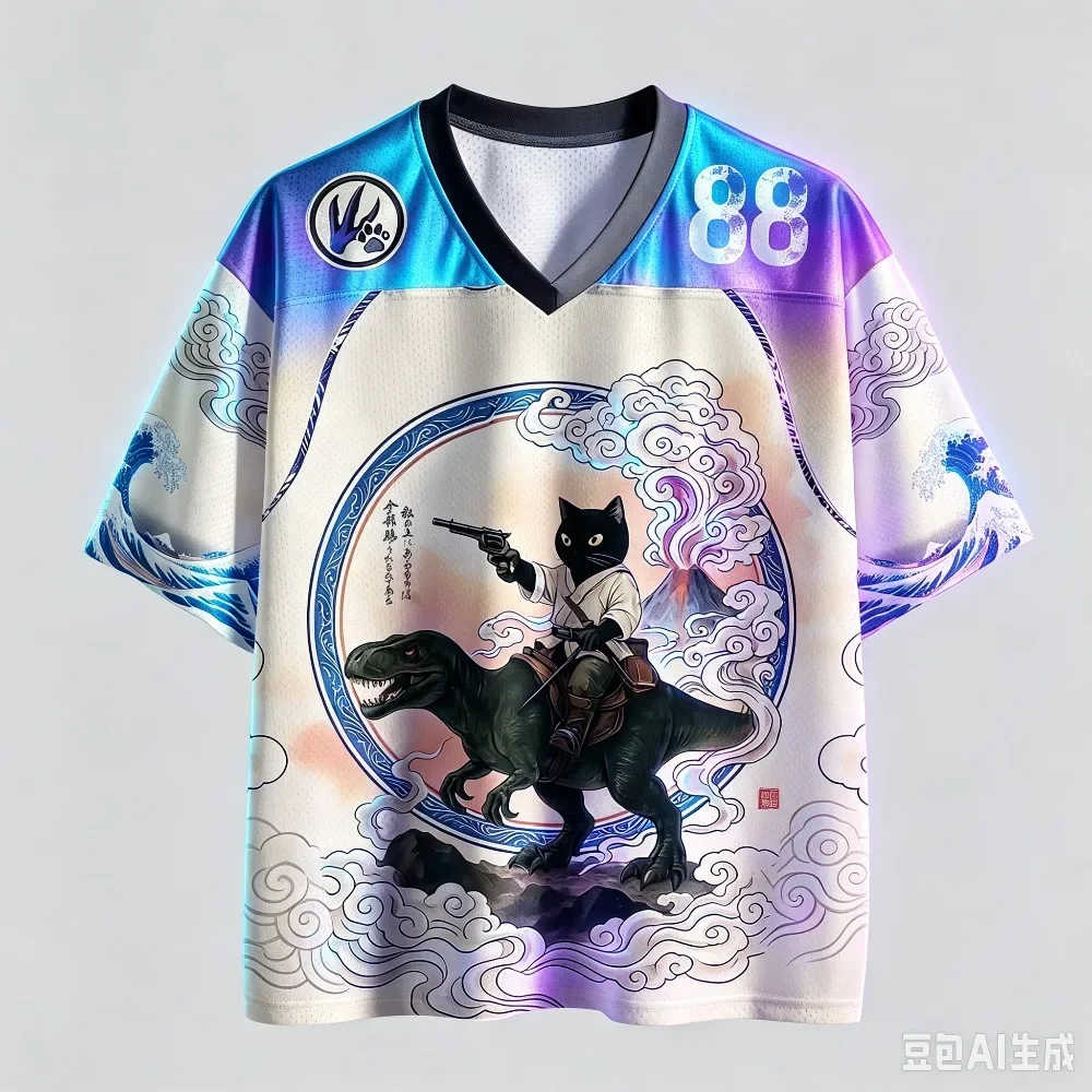 Japanese Fun Samurai Cat 3D Print Sports Quick-dry Breathable Men Women V-neck T-shirt Street Casual Hip-hop Parent-child Outfit