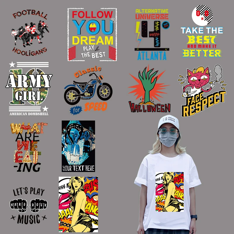 Hip Hop Style Pop Print DIY Loose T-Shirt Sweater Iron On Sticker Washable Vinyl Heat Transfer Letter Graphic Printing