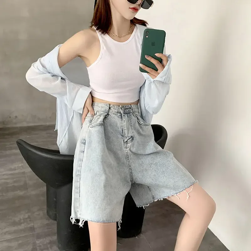 Denim Shorts Women Adjustable Waist Vintage Solid Korean Style Fashionable Baggy Leisure New-arrival Zipper Fly Females Students