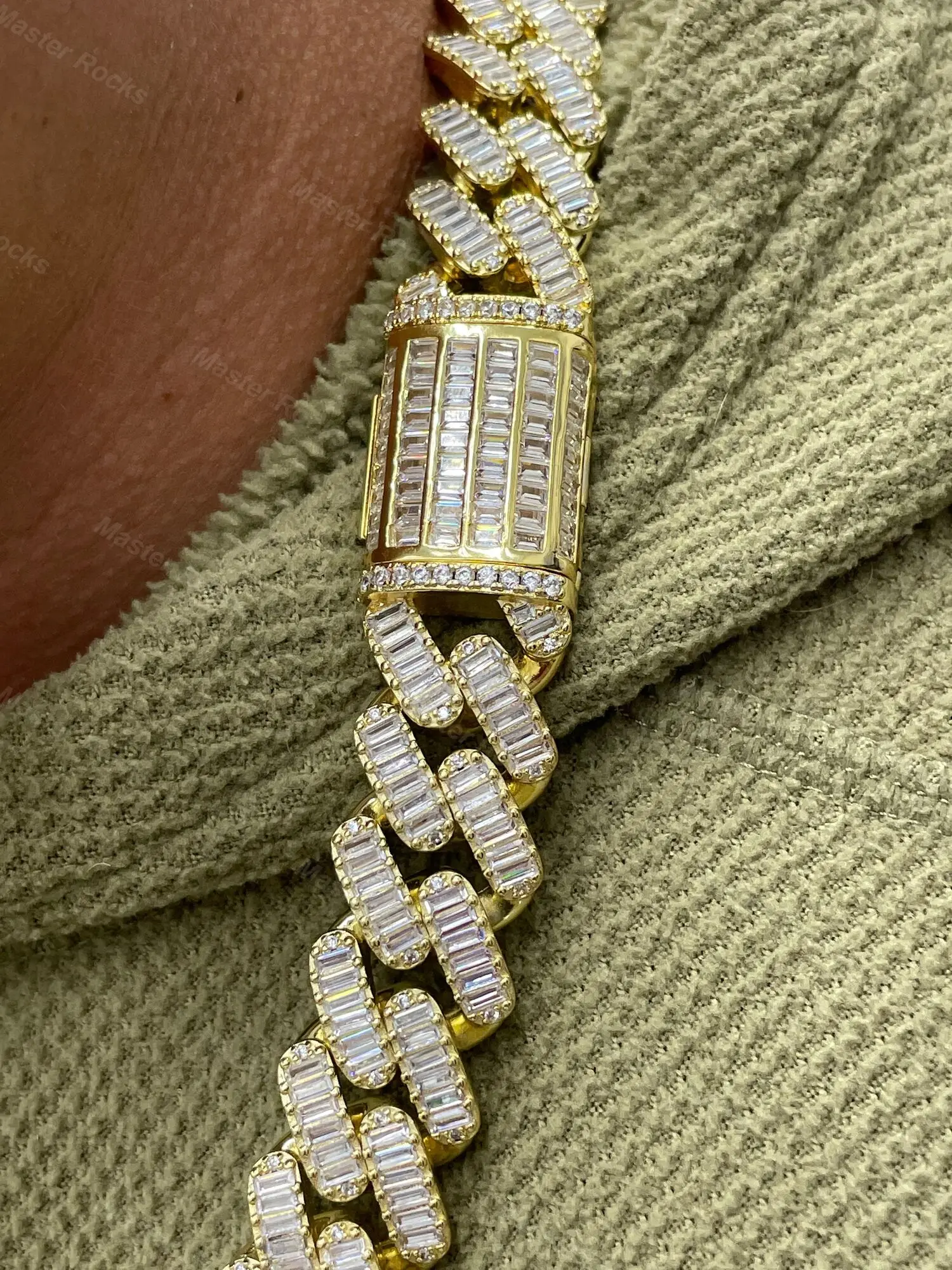 New Arrival Iced Out 15mm 925 Silver Moissanite Cuban Link Chain Heavy Gold Baguette Cuban Link Chain With GRA