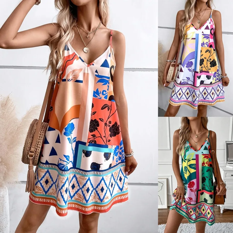 

【Новый стиль】 Wish Summer - сексуальное платье с V-образным вырезом и принтом в европейском и американском стиле.