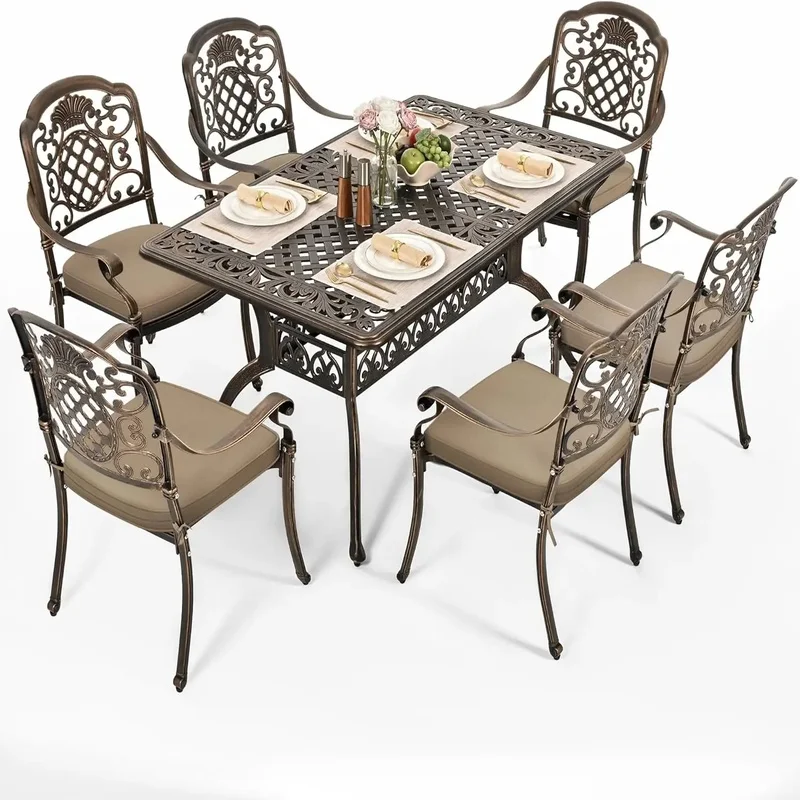 

Outdoor Cast Aluminum Patio Dining Set with Vintage Table Top and 6 Stackable Chairs