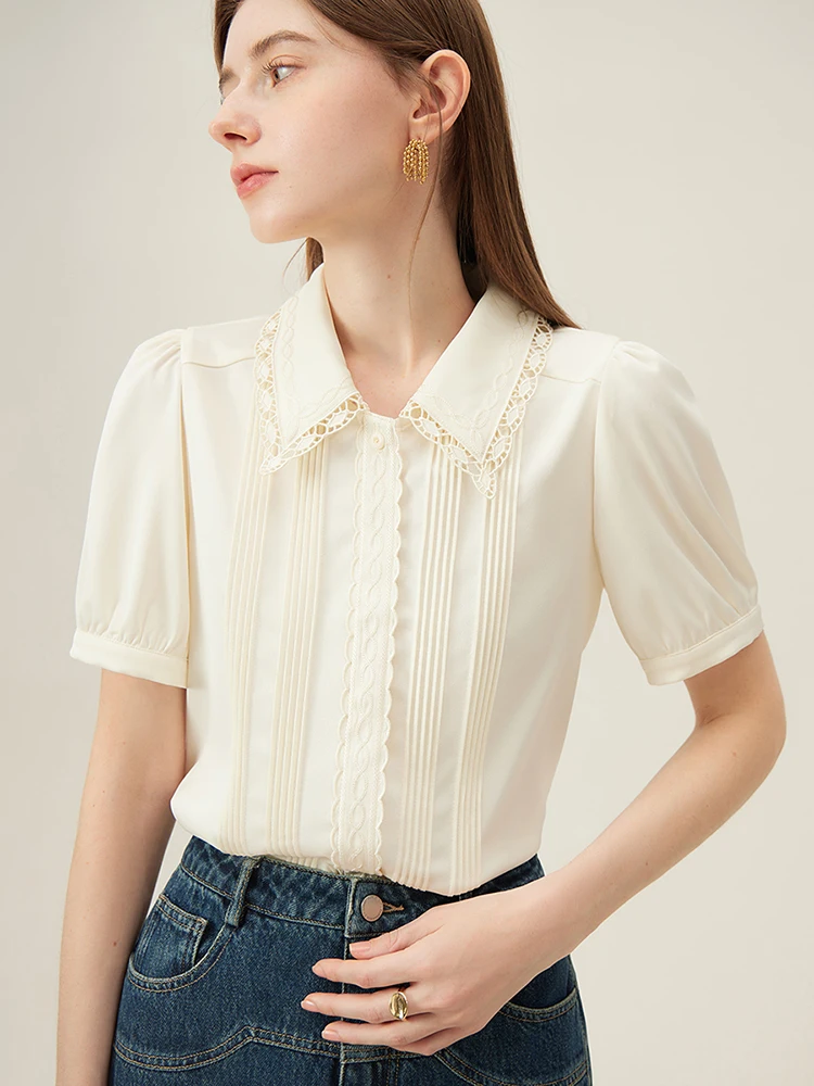 

FSLE Jade Crystal Cool Fiber Versatile Top For Woman 2024 Summer New Short Sleeved French Heavy Embroidery Shirt 24FS12164