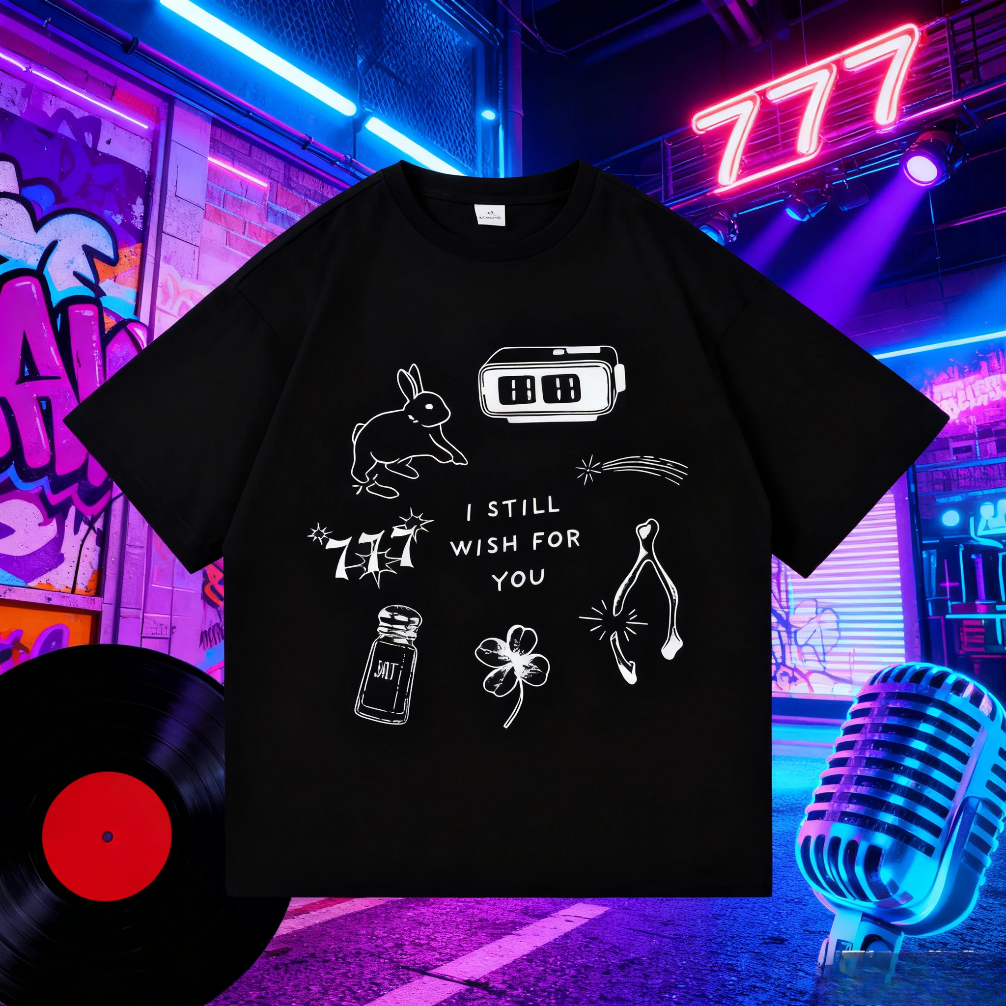 2025-26 الصيف محظوظ سحر الكولاج 100% القطن الخالص المطبوعة نمط تي شيرت في الهواء الطلق عادية تنفس ومريحة #1