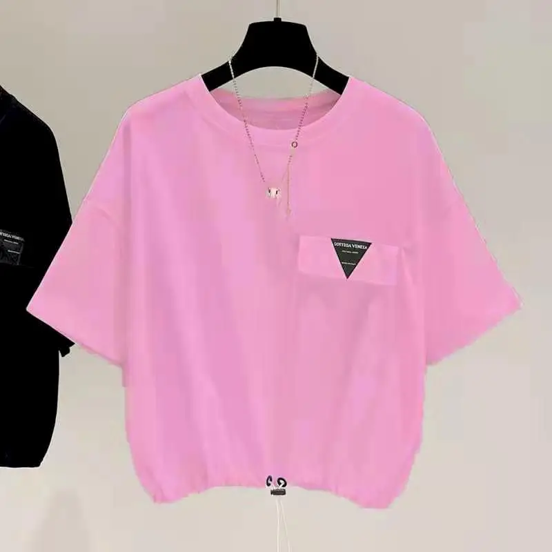 Oversized T Shirts Women Summer Trendy Short Sleeve T-shirt Loose Design Niche Tops Korean Style Drawstring Casual Tshirts Woman