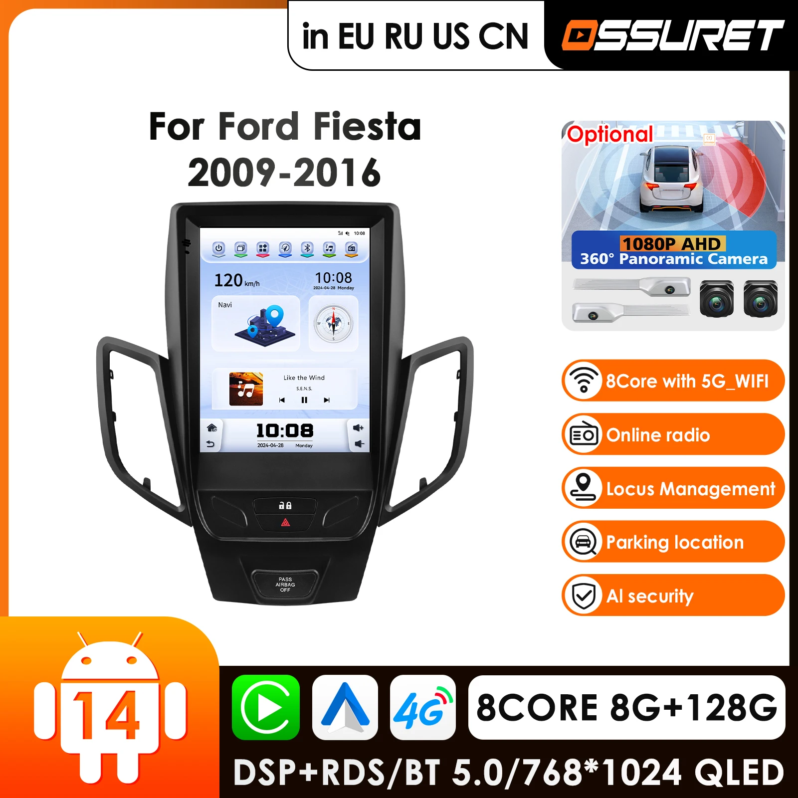 Carplay 4G Carplay Android14 Autoradio Per Ford Fiesta MK7 2009 - 2016 PASS AIRBAG OFF Pulsante Lettore multimediale per auto GPS Auto RDS