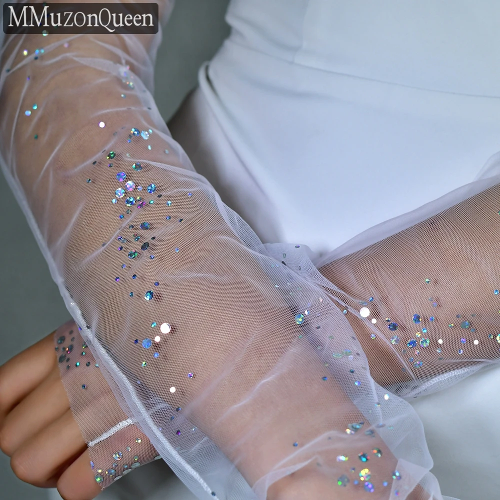 MMQ Sparkling Starlight Bridal Gloves Long Fingerless Soft chiffon Wedding Accessories Women Dress Festival Matching MM06